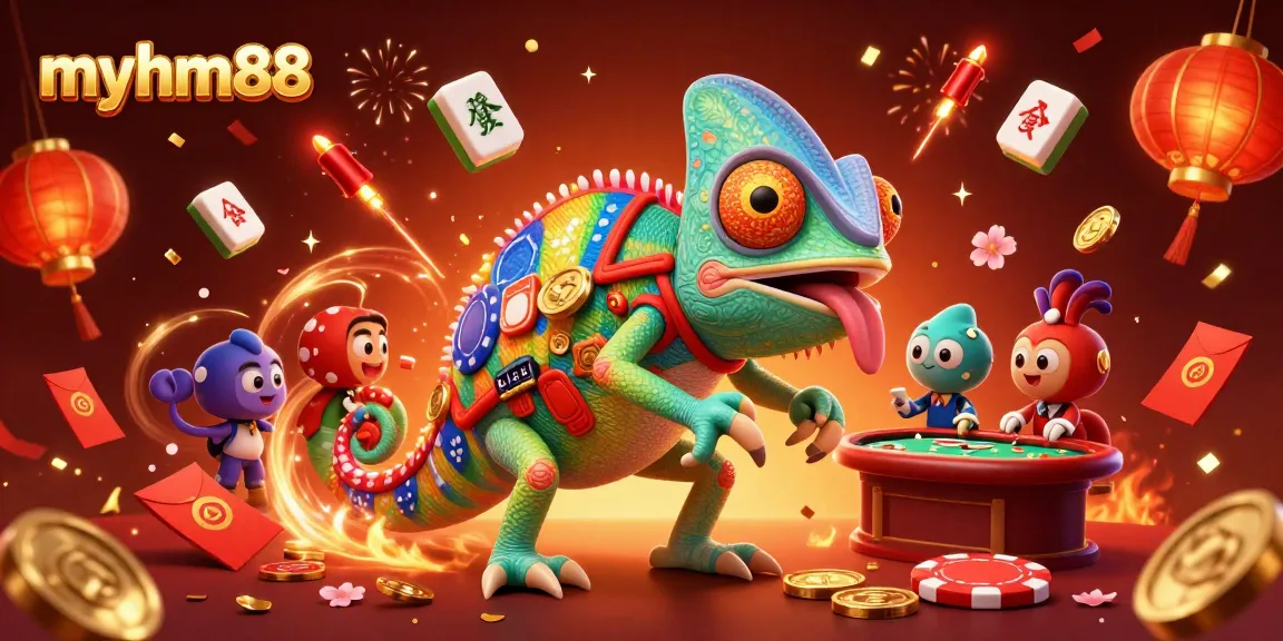 Experience the excitement of gaming at myhm88 with the lively chameleon casino owner and festive elements.