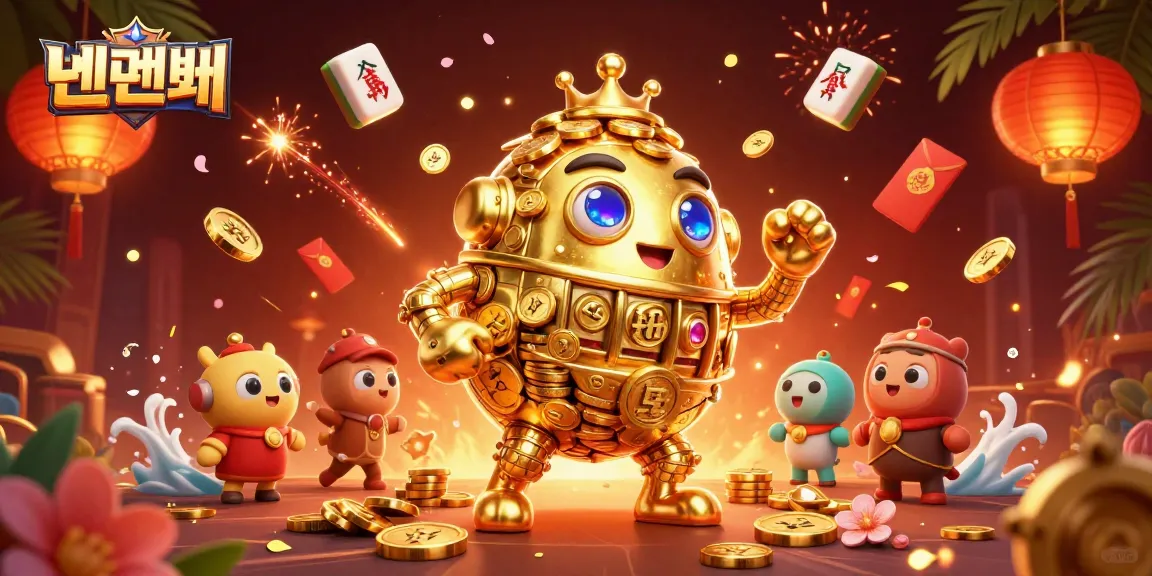 Experience 텐텐벳 through a vibrant 3D illustration featuring a golden golem and casino elements.