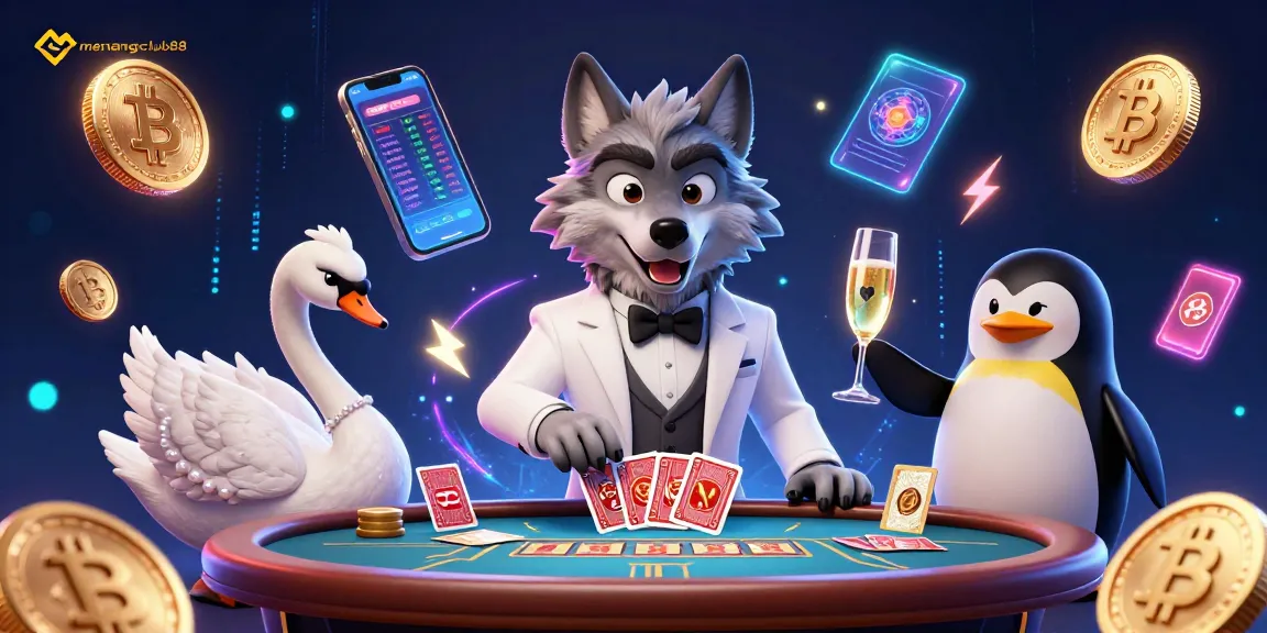 Join the fun at menangclub88 with this vibrant 3D illustration featuring casino characters and crypto elements.