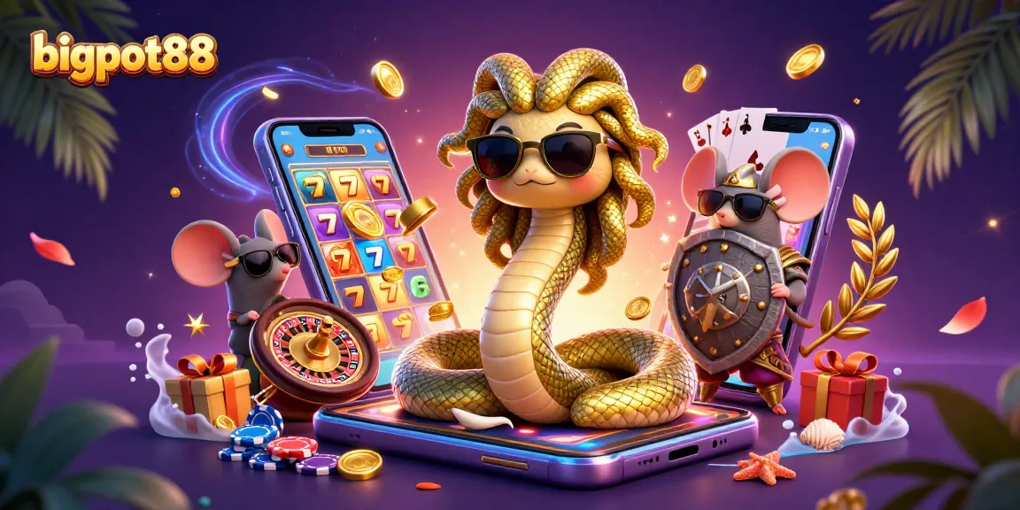 Experience the excitement of bigpot88 with a vibrant scene of charismatic characters and dynamic casino elements.