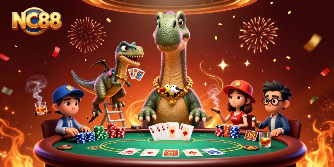NC88 showcases a lively scene with a dinosaur dealing cards, creating excitement for poker enthusiasts.