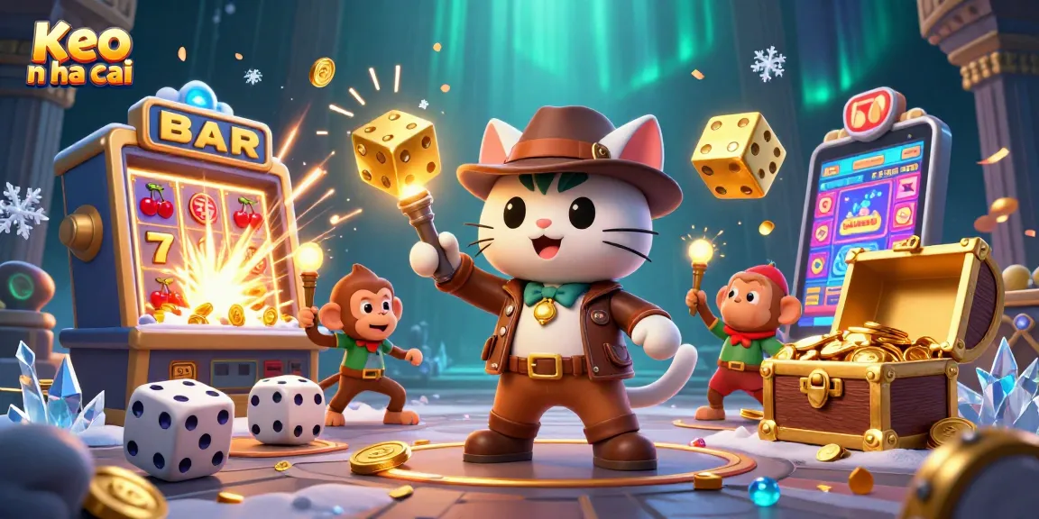 Engage with Keo nha cai's stunning visualization of an archaeologist cat discovering casino treasures amidst rolling dice.