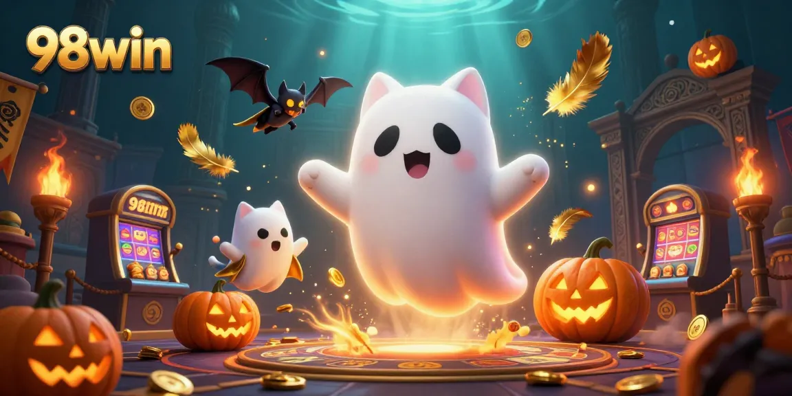 Engage with the 98win gaming experience featuring a ghost cat and bat in a haunted casino.