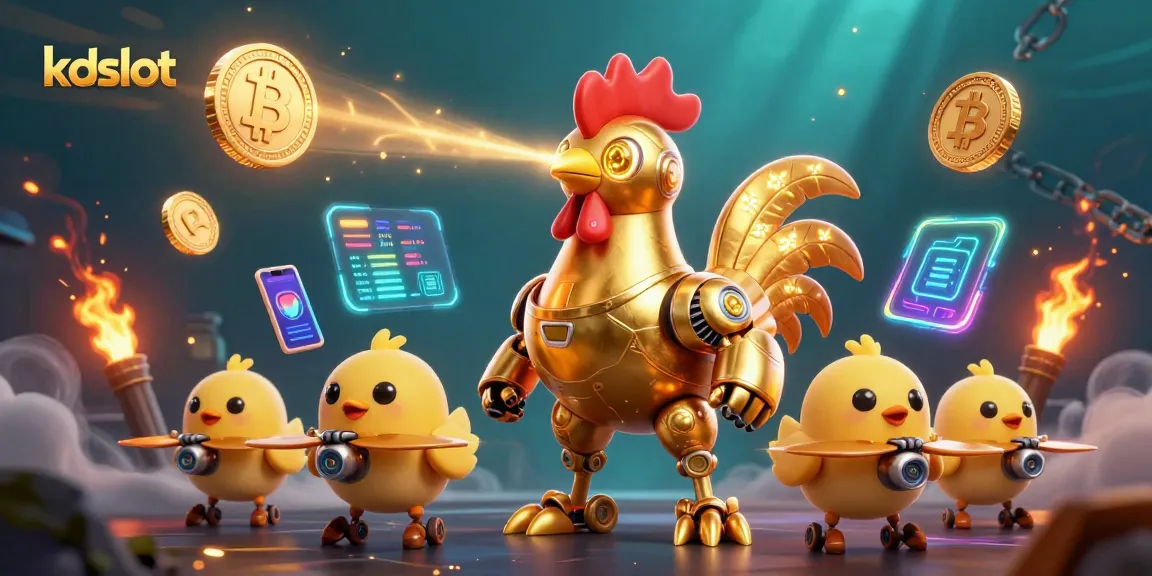 Experience thrilling gameplay at kdslot with a golden rooster robot and crypto coins in an exciting casino scene.