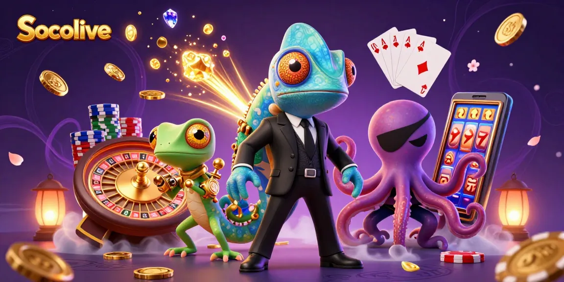 Socolive engages viewers with an exhilarating 3D casino scene featuring vibrant characters and dynamic gambling elements.