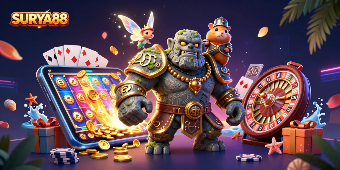 SURYA88 brings to life a 3D golem guardian amidst dazzling casino elements, enhancing your gaming adventure.