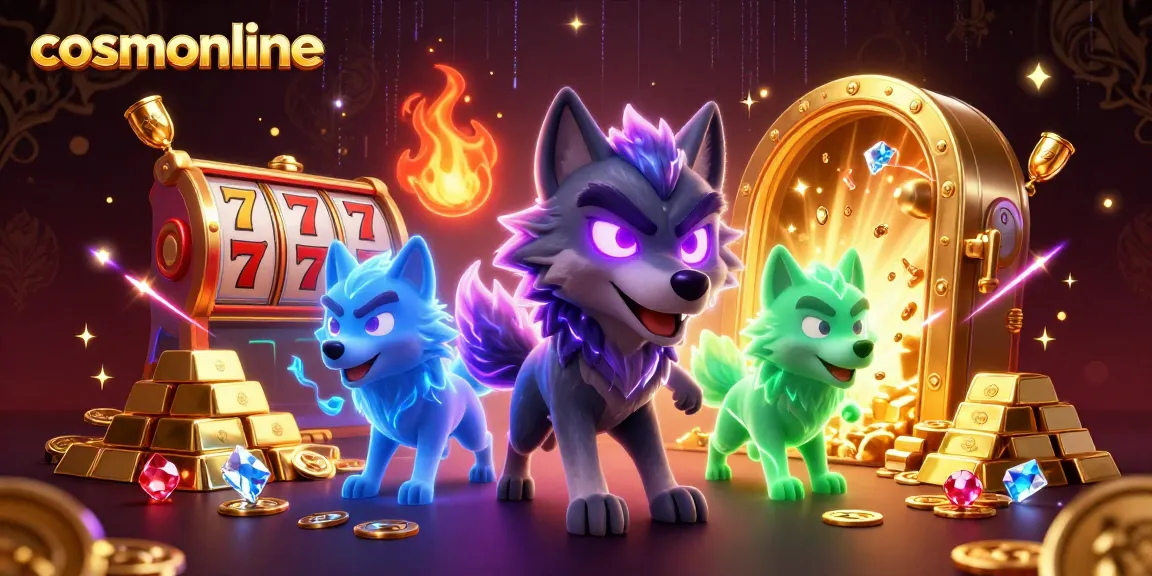 Experience exciting gameplay at cosmonline with glowing wolves, treasure vaults, and vibrant casino elements.
