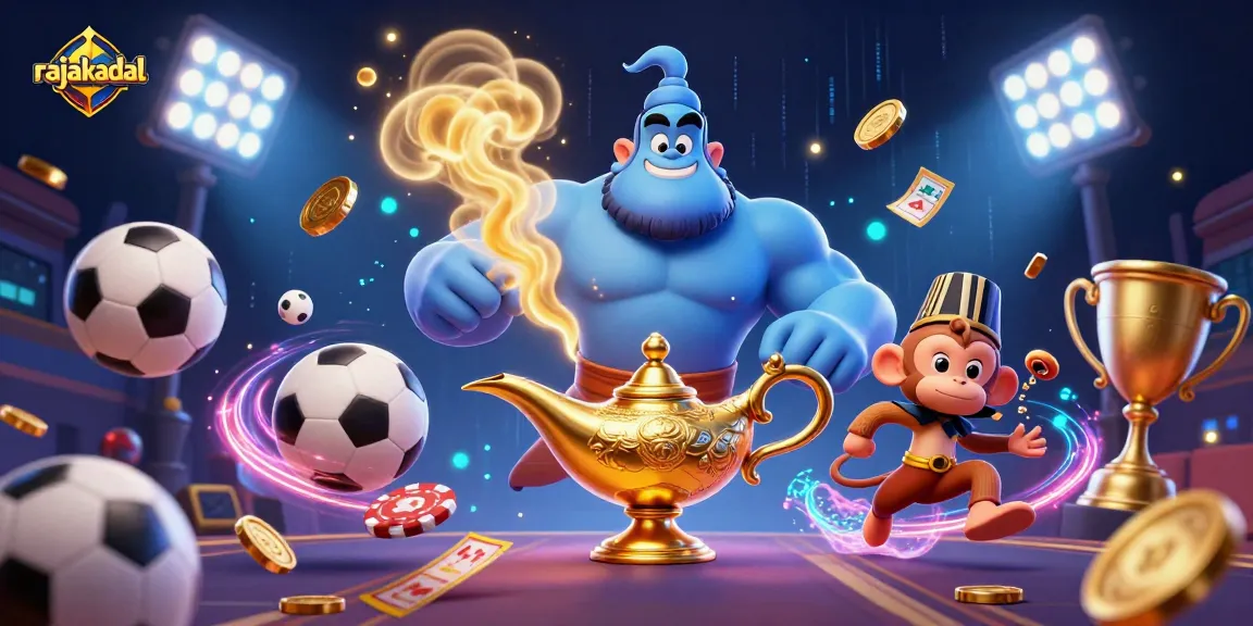 Mengakses platform game online rajakadal dengan genie dan koin emas mengenakan elemen kasino.