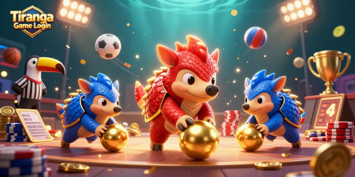 Tiranga Game Login brings excitement with colorful pangolins bowling through poker chips in this gaming art.