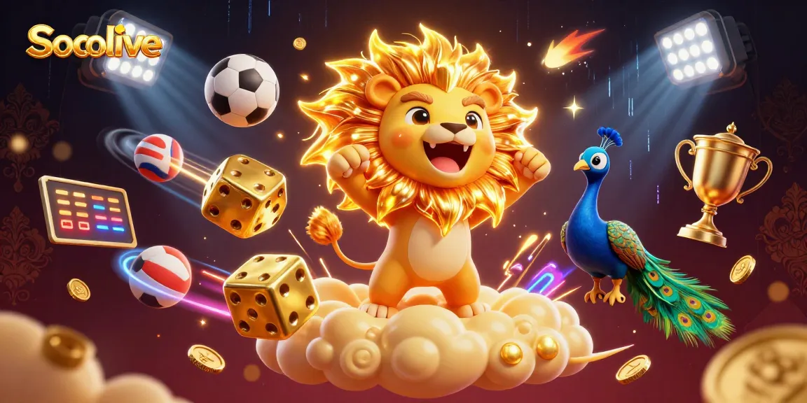 Socolive offers dynamic sports betting action with vibrant elements featuring a roaring sun lion and golden dice.
