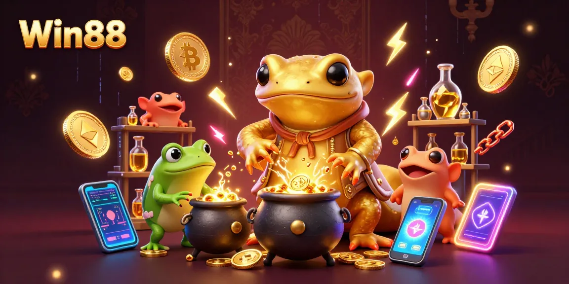 Win88 features a 3D cartoon giant salamander alchemist creating gold coins and crypto elements in a vibrant casino scene.