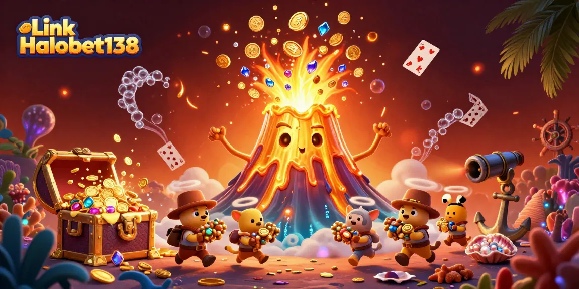 Engage with the excitement of Link Halobet138, featuring a thrilling 3D illustration of a golden volcano and treasure.