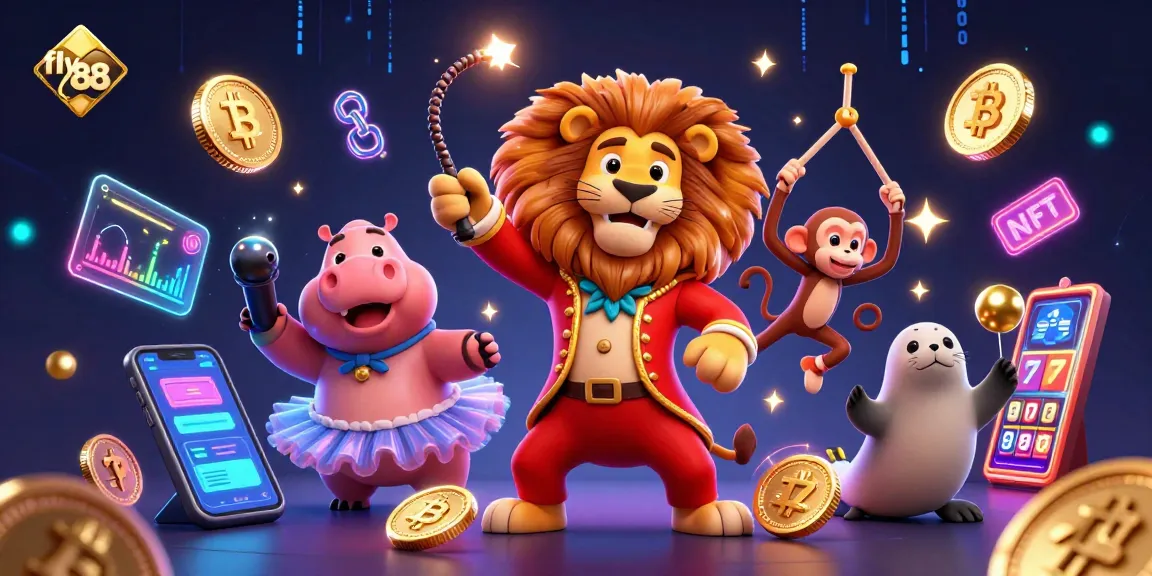 Engage with fly 88 at the vibrant casino scene featuring animated characters and crypto elements.