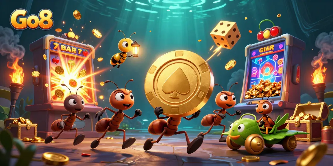Go8 ants carry a giant poker chip in a thrilling casino heist scene filled with jackpot excitement.