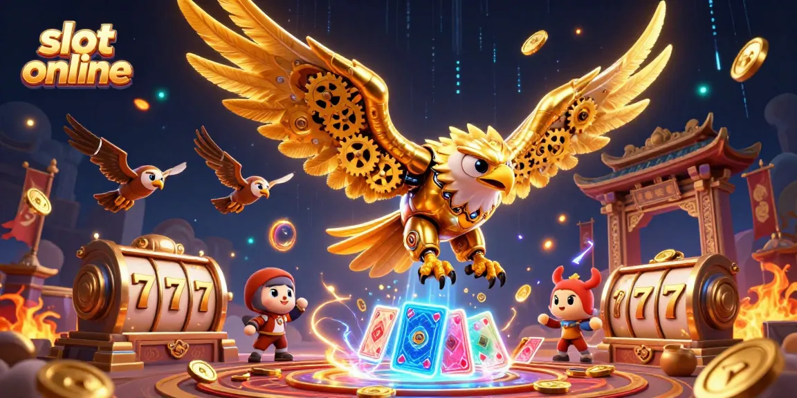 Experience exciting slot online action with a cybernetic eagle amidst vibrant casino elements