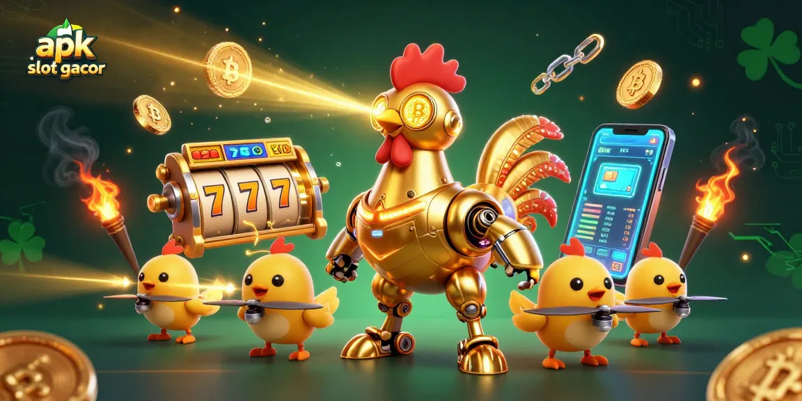 Engage with apk slot gacor showcasing vibrant slot reels, neon cryptocurrency coins, in a dynamic casino scene.