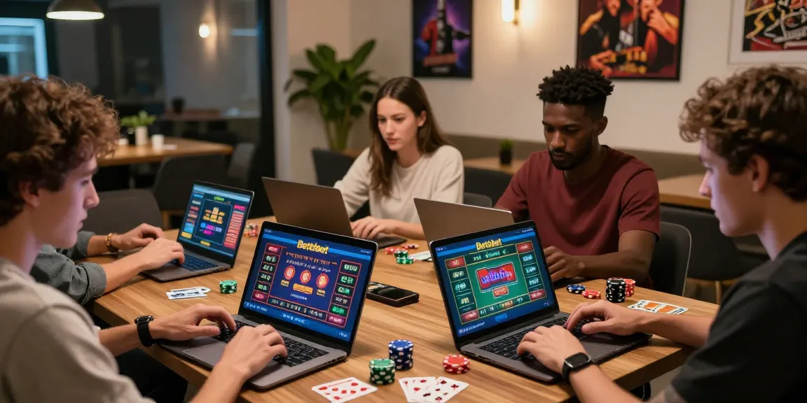 Engaged players using Betebet platform for online betting with casino chips and laptops.