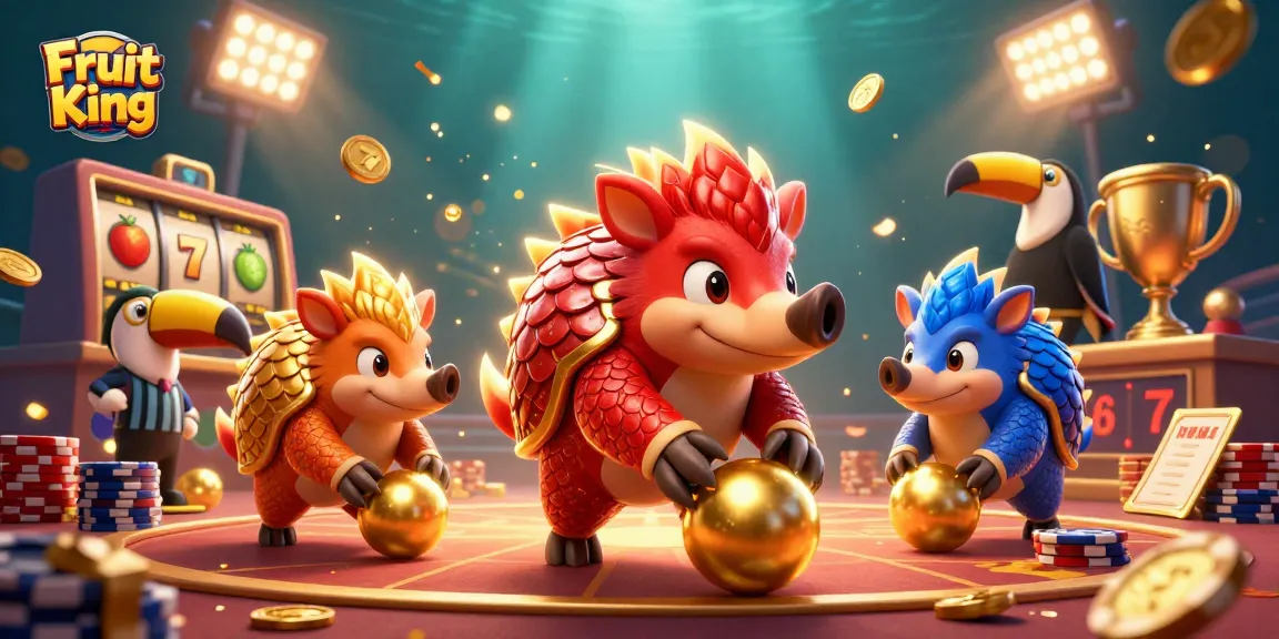 Fruit King illuminates an exciting 3D casino scene featuring pangolins and vibrant slot elements.