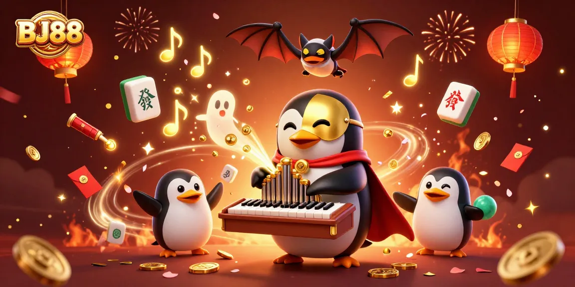 BJ88 cartoon penguin plays an organ shooting coins, surrounded by festive casino elements.