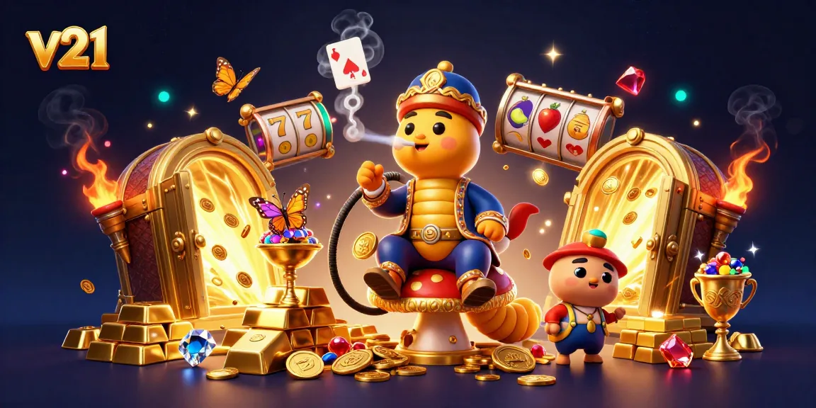 Akses mudah ke situs v21 dengan simbol slot yang menarik dan kekayaan berlimpah dalam ilustrasi kasino.
