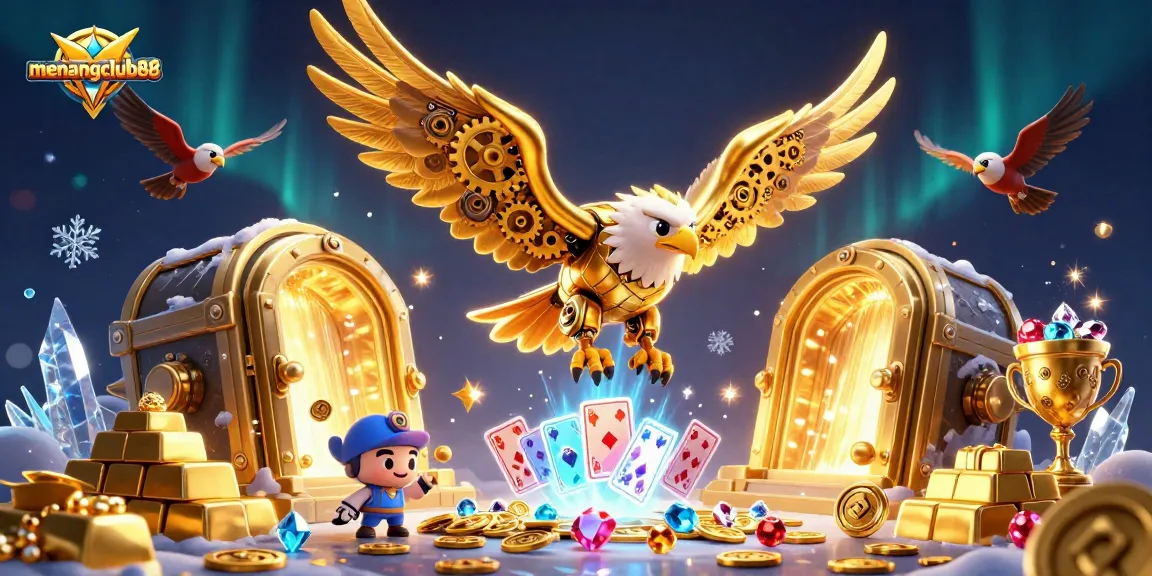 Experience winning thrills at menangclub88 with a vibrant 3D casino illustration of treasure and cards.