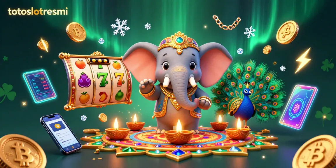 Totoslotresmi showcases an exciting 3D illustration with vibrant elements depicting casino gameplay, featuring a dynamic scene with a Diwali-themed elephant and crypto symbols.