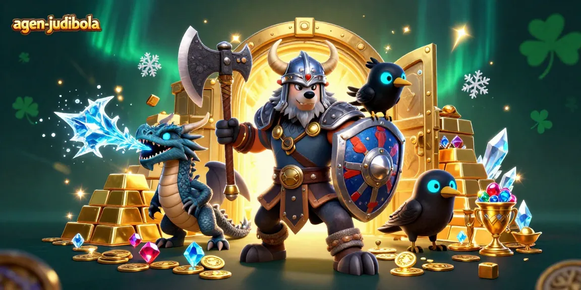 Bet on agen-judibola for thrilling gaming experiences alongside a Viking warrior and a dragon.